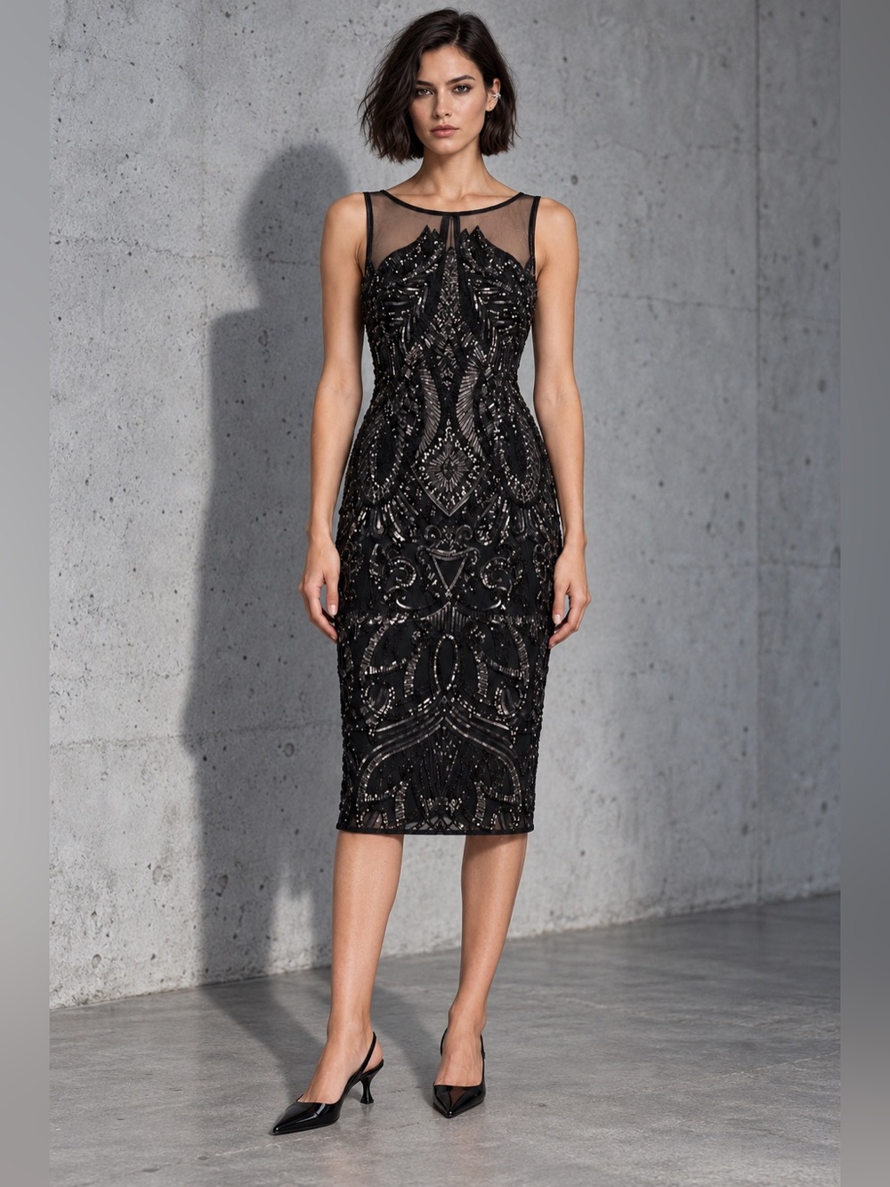 Adrianna Papell Art Deco Sequin Beaded Illusion Dress Black 2